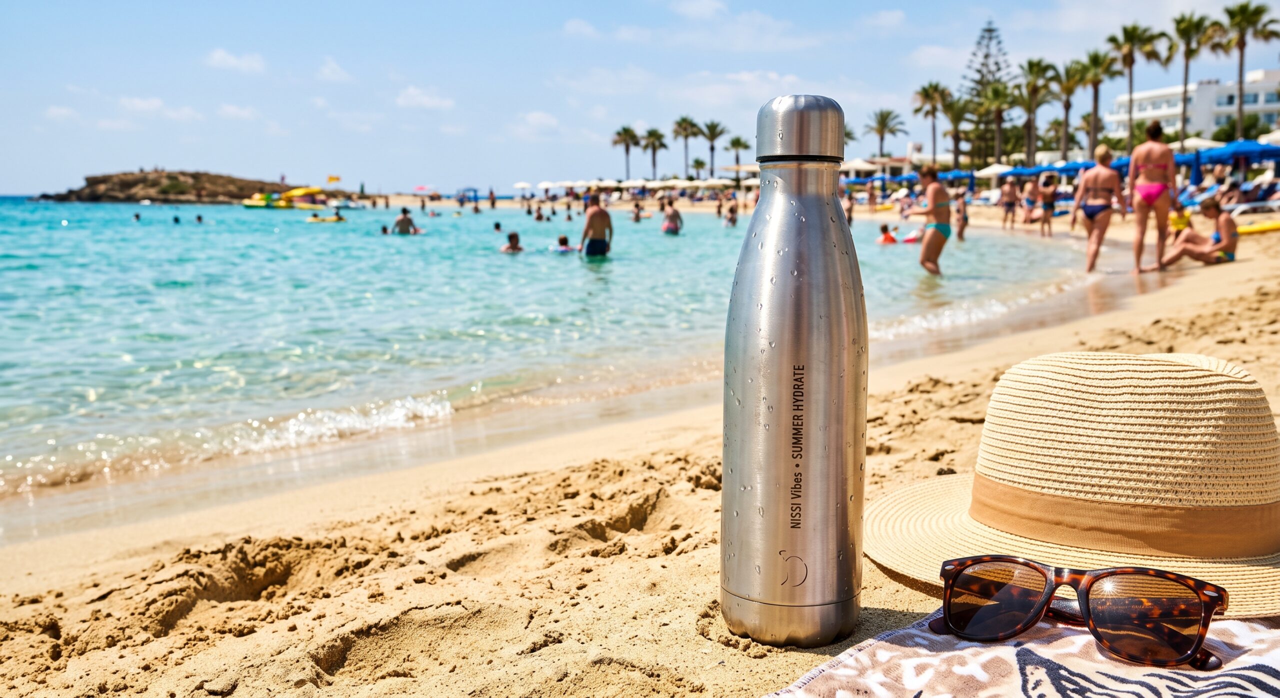 Cold bottled water on Nissi Beach Ayia Napa Cyprus for summer hydration
