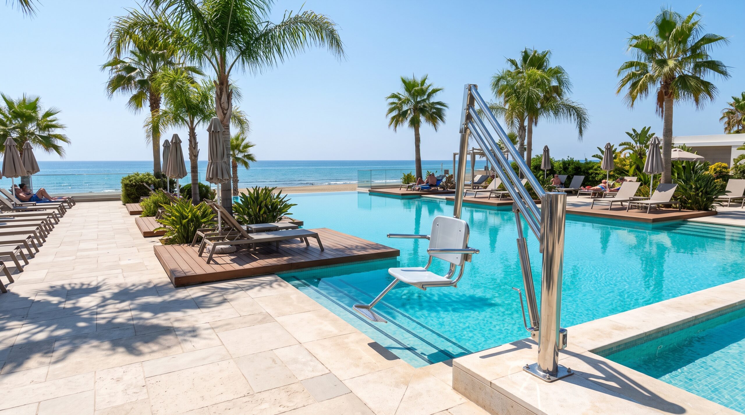 Accessible Hotel Swimming Pool with Hydraulic Lift in Larnaca Cyprus Accessible resort hotel swimming pool with hydraulic chair lift for wheelchair users in Larnaca Cyprus