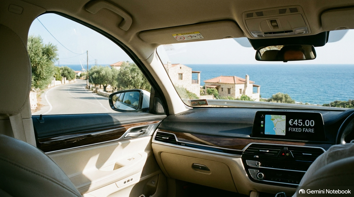 Interior view of a Cyprus taxi showing calibrated taximeter displaying official day and night fares