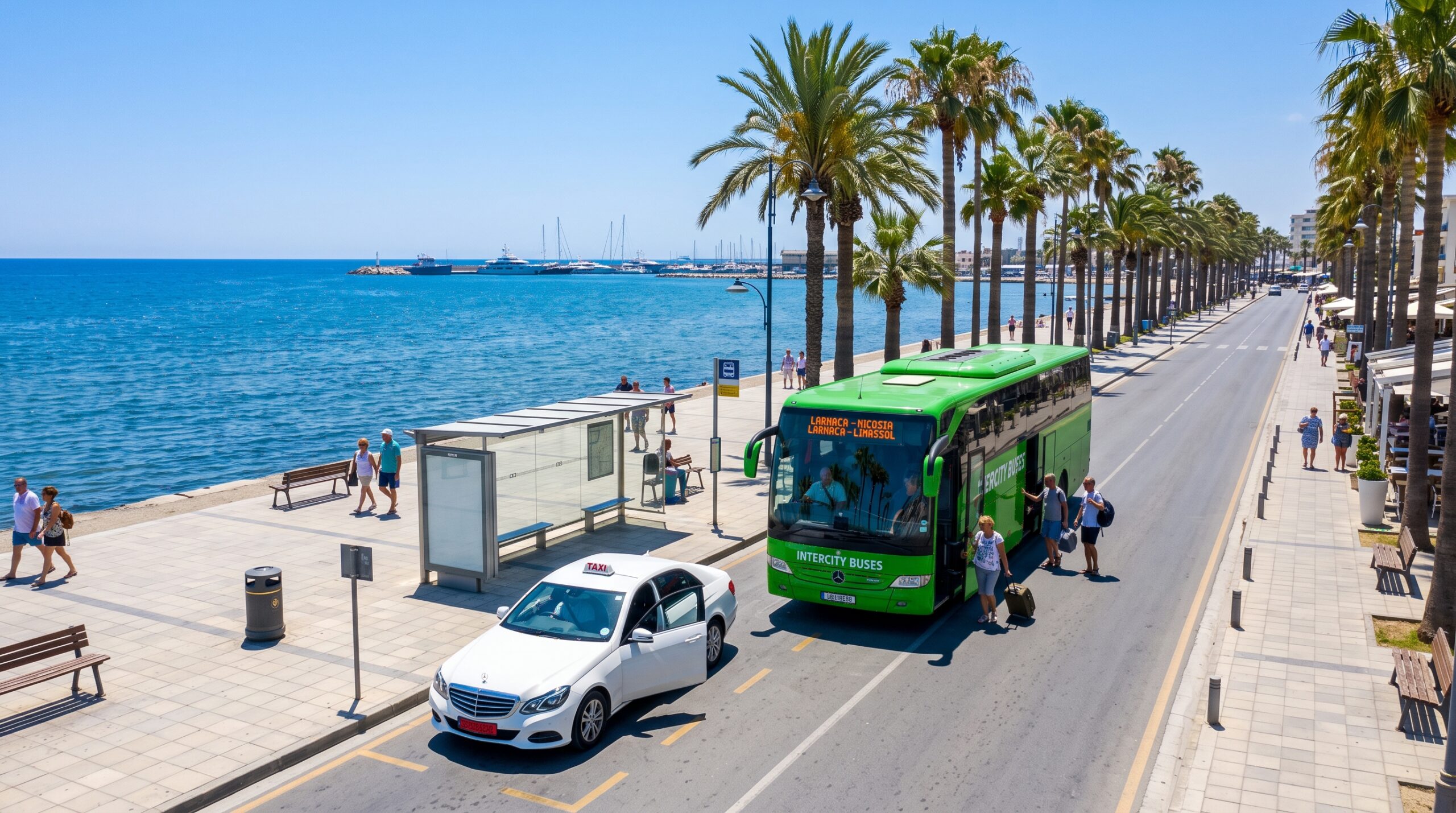Public Intercity Bus and Private Taxi along Larnaca Seafront Cyprus Intercity bus and private taxi operating along the scenic palm-lined seafront in Larnaca Cyprus