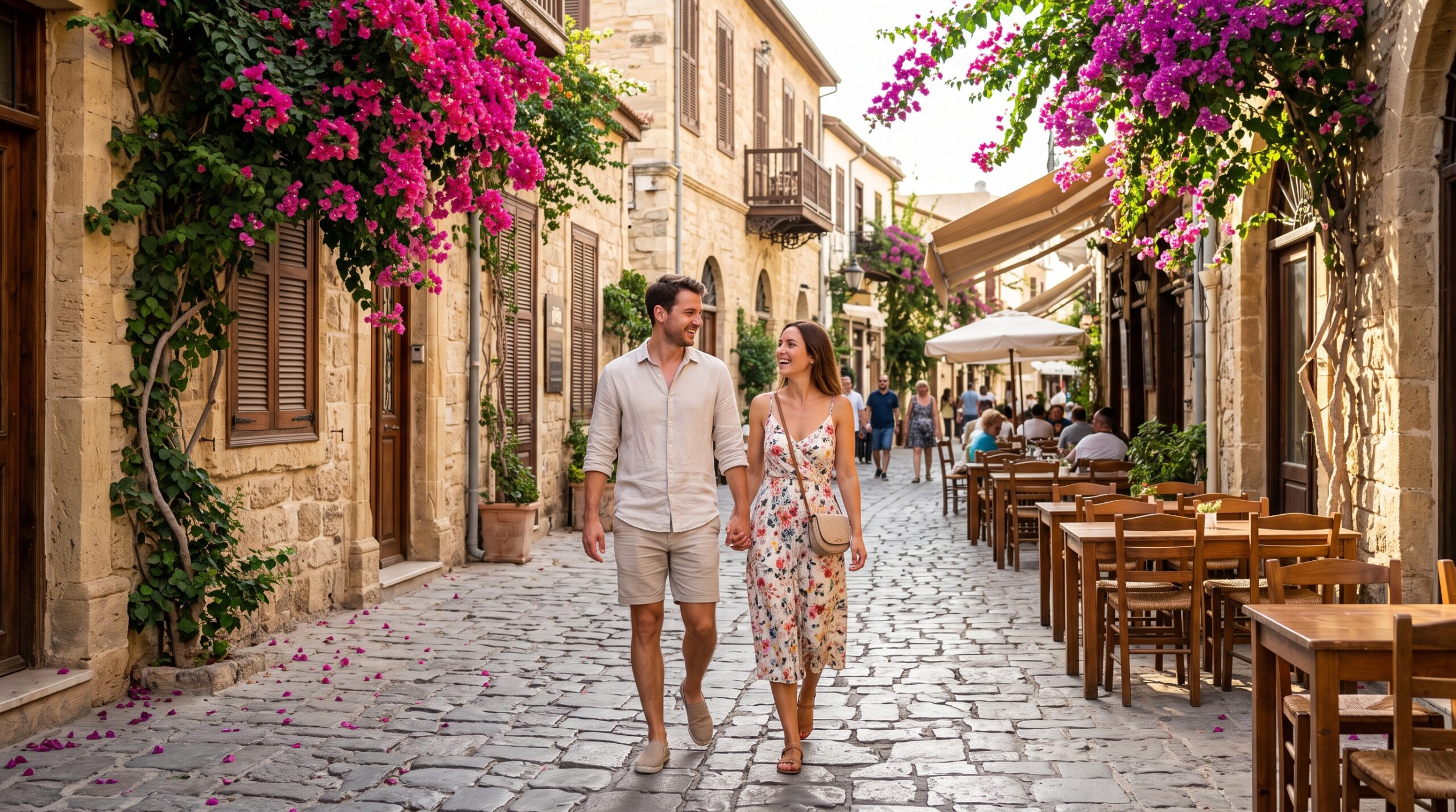 Luggage-Free Travelers Strolling in Limassol Old Town Cyprus Travelers strolling unencumbered in Limassol Old Town after storing their luggage in Cyprus