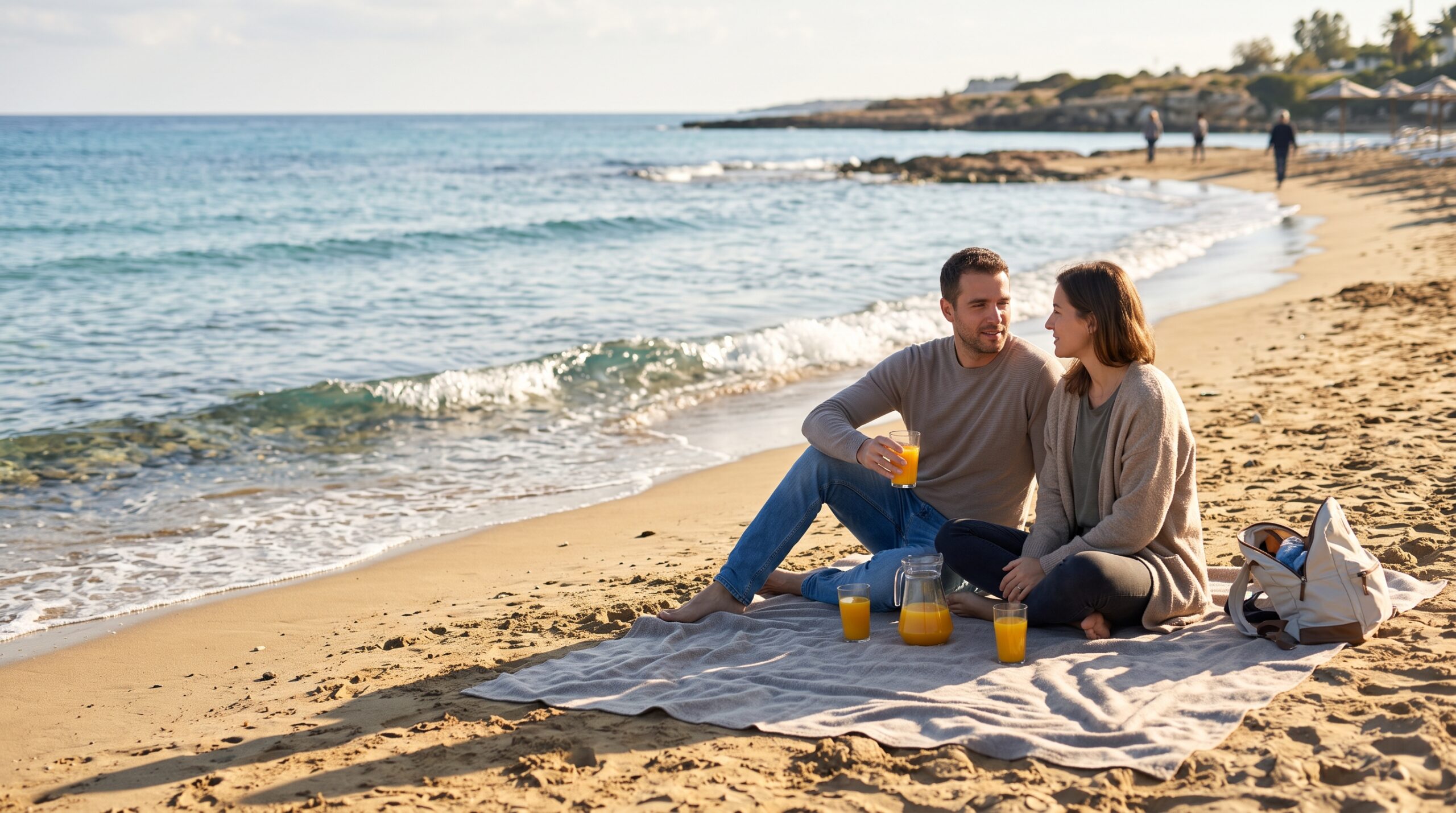 Couple having a relaxing autumn beach picnic on a sunny November day in Protaras Cyprus